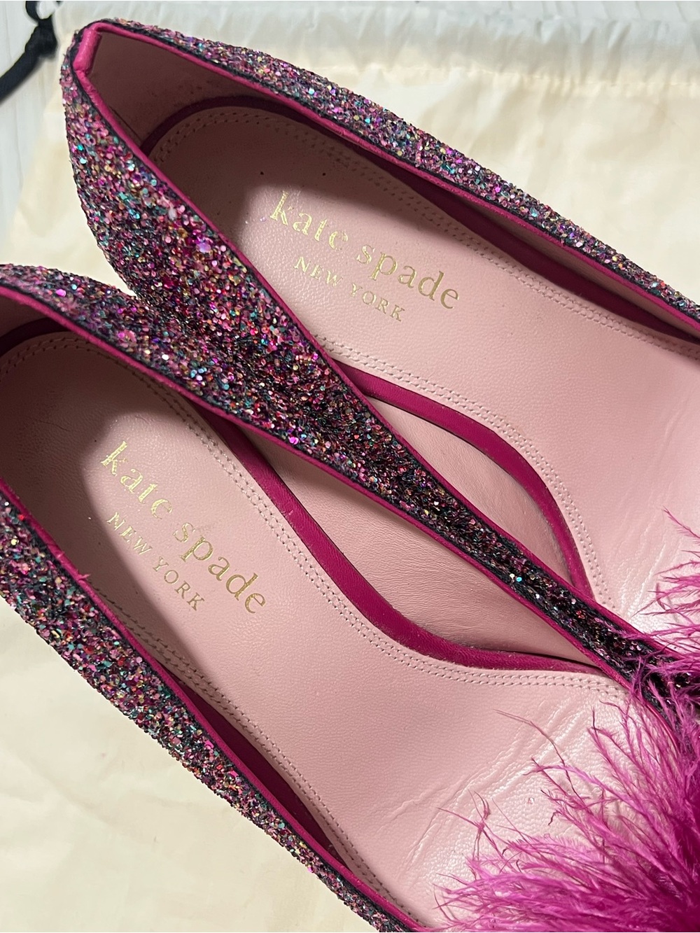 Kate Spade Marabou Glitter Dress Heels Fuchsia Feather Puff Statement Pumps 9.5 - Picture 8 of 12